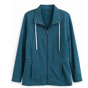 Talbots Womens Teal Blue French Terry Full Zip Funnel Neck Sweatshirt Large